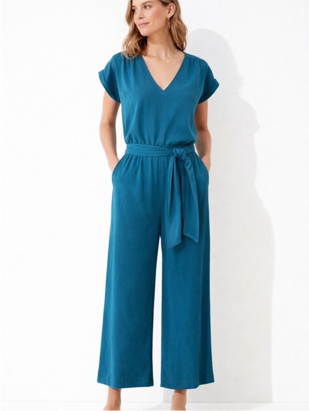 NWT Lou & Gray Teal V-Neck Wide-Leg Jumpsuit w/ Belt and Key Hole Back  Sz L